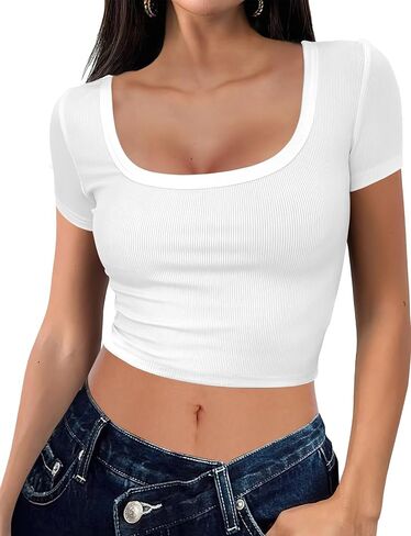 Women's Crop Top Short Sleeve Summer Fitted Basic T Shirts Square Neck Ribbed Silm Baby Tee Trendy Casual Clothes in Saudi Arabia
