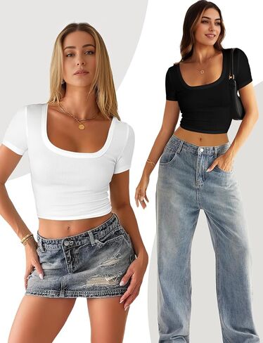 Women's Crop Top Short Sleeve Summer Fitted Basic T Shirts Square Neck Ribbed Silm Baby Tee Trendy Casual Clothes in Saudi Arabia