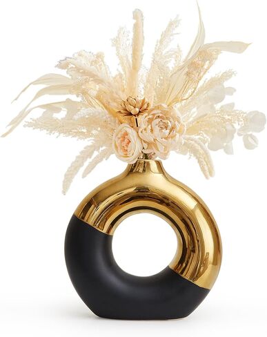 AWNR Ceramic Vase Gold Decor: Black & Gold Decorative Donut Vase 10''H Round Vases for Flowers Modern Home Decor for Living Room Bedroom Shelf Office Centerpieces for Dinning Table in Saudi Arabia