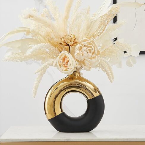 AWNR Ceramic Vase Gold Decor: Black & Gold Decorative Donut Vase 10''H Round Vases for Flowers Modern Home Decor for Living Room Bedroom Shelf Office Centerpieces for Dinning Table in Saudi Arabia