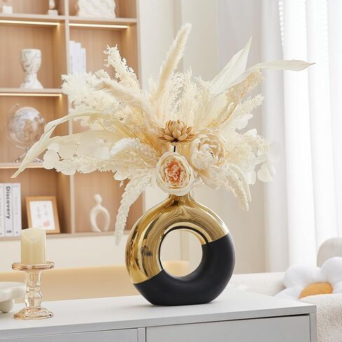 AWNR Ceramic Vase Gold Decor: Black & Gold Decorative Donut Vase 10''H Round Vases for Flowers Modern Home Decor for Living Room Bedroom Shelf Office Centerpieces for Dinning Table in Saudi Arabia