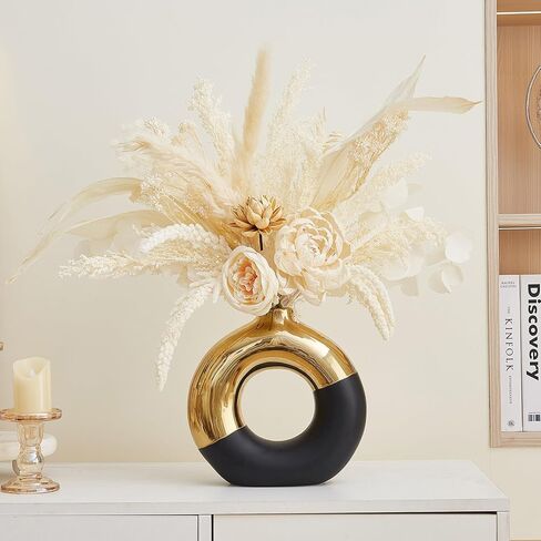 AWNR Ceramic Vase Gold Decor: Black & Gold Decorative Donut Vase 10''H Round Vases for Flowers Modern Home Decor for Living Room Bedroom Shelf Office Centerpieces for Dinning Table in Saudi Arabia