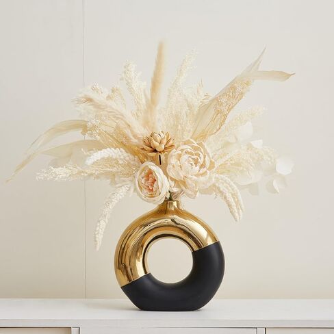 AWNR Ceramic Vase Gold Decor: Black & Gold Decorative Donut Vase 10''H Round Vases for Flowers Modern Home Decor for Living Room Bedroom Shelf Office Centerpieces for Dinning Table in Saudi Arabia