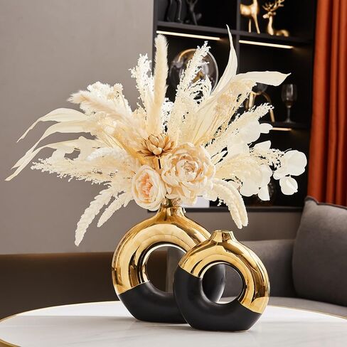 AWNR Ceramic Vase Gold Decor: Black & Gold Decorative Donut Vase 10''H Round Vases for Flowers Modern Home Decor for Living Room Bedroom Shelf Office Centerpieces for Dinning Table in Saudi Arabia