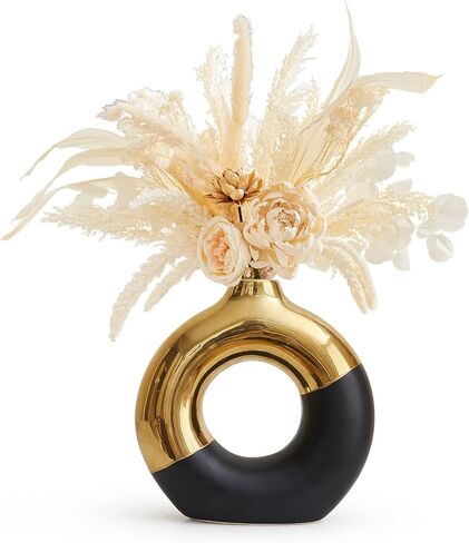 AWNR Ceramic Vase Gold Decor: Black & Gold Decorative Donut Vase 10''H Round Vases for Flowers Modern Home Decor for Living Room Bedroom Shelf Office Centerpieces for Dinning Table in Saudi Arabia