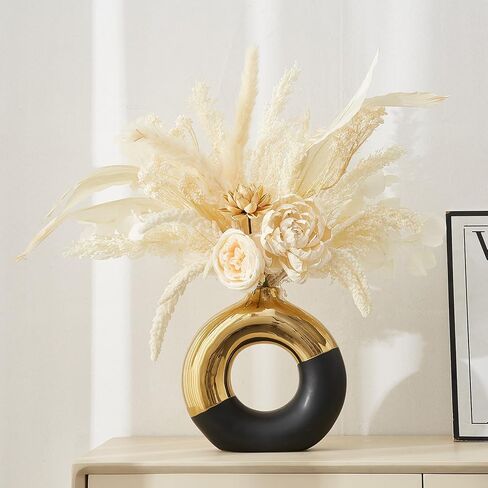 AWNR Ceramic Vase Gold Decor: Black & Gold Decorative Donut Vase 10''H Round Vases for Flowers Modern Home Decor for Living Room Bedroom Shelf Office Centerpieces for Dinning Table in Saudi Arabia