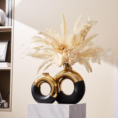 AWNR Ceramic Vase Gold Decor: Black & Gold Decorative Donut Vase 10''H Round Vases for Flowers Modern Home Decor for Living Room Bedroom Shelf Office Centerpieces for Dinning Table in Saudi Arabia