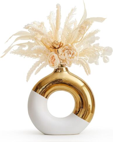 AWNR Ceramic Vase Gold Decor: Black & Gold Decorative Donut Vase 10''H Round Vases for Flowers Modern Home Decor for Living Room Bedroom Shelf Office Centerpieces for Dinning Table in Kuwait