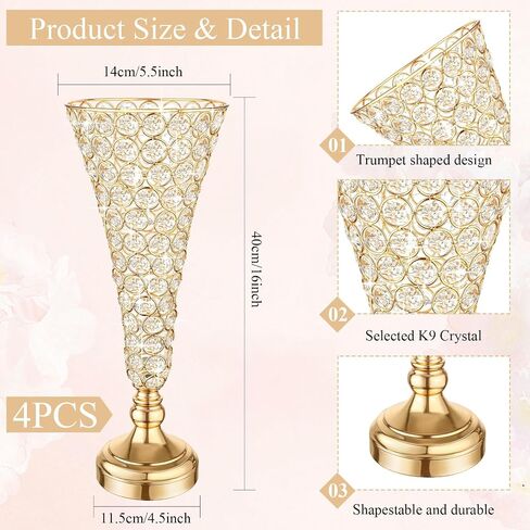 Mifoci 4 Pcs Gold Trumpet Vases for Centerpieces 16 Inch Crystal Flower Vase for Table Decor Wedding Party Favors Tall Floral Arrangement Stand Home Decoration in Saudi Arabia