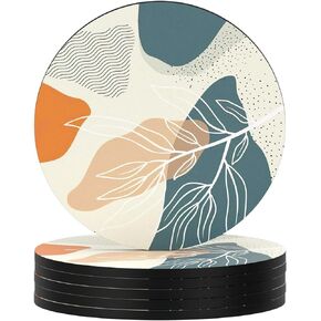 Nipichsha Coasters for Drinks, Set of 6 Absorbent Rubber Drink Coasters with Non-Slip Backing, Cute Drink Coasters for Cup Kitchen Home Decor Housewarming Gift, Round 4", Abstract Boho Leaf
