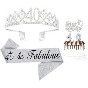40th Birthday Gifts for Women - 40 & Fabulous Birthday Sash Silver Crystal Tiara Crown with Happy 40th Birthday Cake Topper and Candles for Women 40th Birthday Party Supplies