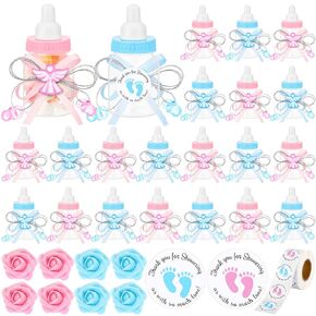 61 Pcs Baby Shower Party Favors Set, 48 Mini Angel Milk Bottles 1 Roll Thanks Sticker 12 Artificial Roses for Newborn Baptism Party (Blue)