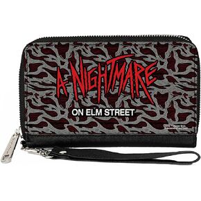 Buckle-Down Warner Bros. Horror Movies Wallet, Zip Around, A NIGHTMARE ON ELM STREET Scribble Freddy Melt Grays/Reds, Vegan Leather