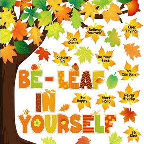 Funrous Fall Tree Bulletin Board Sets Be Leaf in Yourself Classroom Tree Bulletin Board Wall Decorations Positive Saying Autumn Leaves Cutouts for Thanksgiving School Chalkboard Supplies, 90 Pcs