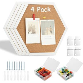 CYEAH 4 Pack Cork Bulletin Board Hexagon White, Small Framed Corkboard Tiles for Wall, Thick Decorative Display Cork Board for Home Office Decor, School Message Board with 20 Wood Clips