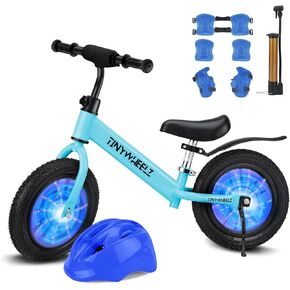 Balance Bike for Kids 2-5 Year Old - Lighting Tires with Adjustable Seat & Handlebar - No Pedal Toddler Balance Bike, Gift for Boys and Girls Including Safety Helmet, Air Pump, Knee & Elbow Pads Set