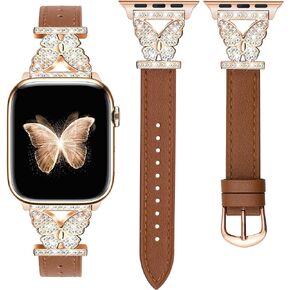 JR.DM Leather Watch Bands Women Compatible with Apple Watch 42mm 44mm 45mm 49mm Silver Bling Butterfly Connector Slim Top Grain Genuine Leather Strap for iWatch Series 9/8/7/6/5/4/3/2/1/SE/Ultra