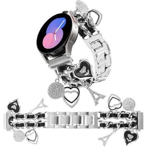 20MM Stylish Metal Watch Band Compatible with Samsung Galaxy Watch 6 5 4 40/44mm,Watch 4 Classic 42/46mm,Watch 3 41mm,Active 2,Gear S2 Classic,Cuban Chain Wristband with Cute Pendants for Women
