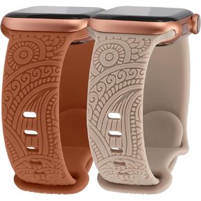 TOYOUTHS 2 Packs Boho Engraved Bands Compatible with Apple Watch Bands 41mm 40mm 38mm Women Men Girl, Bohemian Designer Sport Soft Silicone Fancy Dressy Straps for iWatch Series 9/SE/8/7/6/5/4/3/2/1