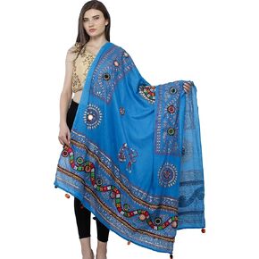 Printed Dupatta from Kutch with Hand-Embroidered Florals and Mirrors