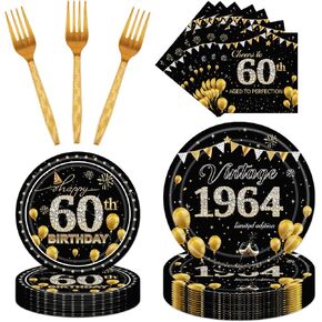 Vintage 60th Party Tableware - 96PCS 60th Birthday Decorations for Men Woman Black Gold 1964 Birthday Party Tableware Set Over the Hill Happy 60th Birthday Plates Napkins Forks Supplies