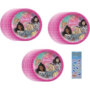 Barbie Party Supplies Bundle includes 24 Dessert Cake Paper Plates and 1 Dinosaur Sticker Sheet