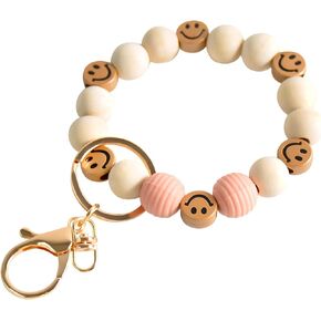 Smiley Keychain Bracelet for Women Wooden Beaded Key Ring Boho Wristlet Key Chain for Car Keys