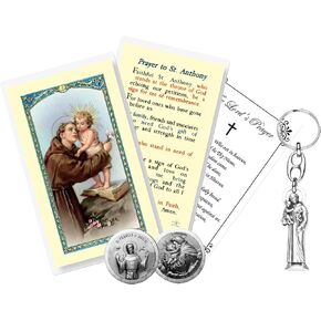 St Anthony Keychain - St Anthony Pocket Coin, Laminated St Anthony Card, The Lord's Prayer - Small St Anthony Key Chain - St Anthony of Padua Keychain, Patron Saint Of Lost Things Theme Set - 4 Items