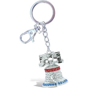 Liberty Bell Keychain - Silver 3D Sparkling Charm Rhinestones Fashionable Stylish Metal Alloy Durable Key Ring Bling Crystal Jewelry Accessory With Clasp