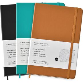 Coopay 3 Pack A5 Journal Notebooks Classic College Ruled Notebooks Hardcover Leatherette Lined Journals for Office Home School Business, 8.3 x 5.5 inch, 100GSM Thick Paper, 160 Pages (Black)