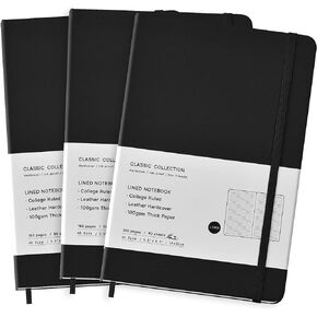 Coopay 3 Pack A5 Journal Notebooks Classic College Ruled Notebooks Hardcover Leatherette Lined Journals for Office Home School Business, 8.3 x 5.5 inch, 100GSM Thick Paper, 160 Pages (Black)