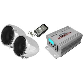 Pyle Motorcycle Speaker and Amplifier System - 100 Watt Weatherproof w/Two 3" Waterproof Speakers, AUX in - Handlebar Mount ATV Mini Stereo Audio Receiver Kit Set - Also for Marine, Boat - PLMCA40