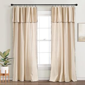 Lush Decor Modern Faux Linen Embroidered Edge with Attached Valance Window Curtain Panel Pair, 84" L x 52" W, Light Linen