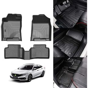 سجادات أرضية KUST لـ 2016-2021 Honda Civic Sedan/Civic Hatchback/Civic Type R بطانة أرضية سجادة ثلاثية الأبعاد حماية من جميع الأحوال الجوية مجموعة بطانة صفين باللون الأسود TPE