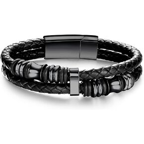 Bracelets for Men Handmade Leather Bracelet for Men Black Braided Bracelets Gifts for Men Leather and Steel 8.5inch