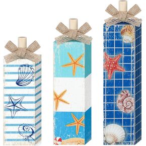 Redbaker 3 Pcs Beach Wood Table Block Decoration Summer Tiered Tray Decor Starfish Wooden Tabletop Sign Farmhouse Rustic Wooden Beach Sign Centerpieces for Summer Home Party Table