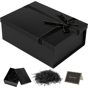 Gfractolux Large Gift Box with Lid, 11.4 x 8.6 x 1.1 inch Black Gift Boxes for Presents, Luxury Gift Box with Card, Shredded Paper Filler for Fathers Day, Birthdays, Weddings