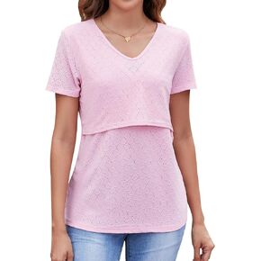Sosolism Eyelet Maternity Nursing Tops V Neck Short Sleeve Breastfeeding Shirts Summer Casual Postpartum Clothes
