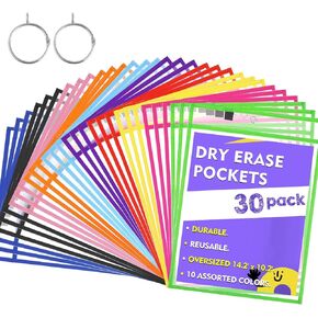مجموعة من 30 قطعة من أكمام الجيب القابلة للمسح الجاف كبيرة الحجم من Shemira مع حلقتين، وحاملات تذاكر قابلة لإعادة الاستخدام، وواقيات أوراق بلاستيكية شفافة، ومستلزمات الفصول المدرسية للمعلمين، و10 ألوان متنوعة، 14.2 × 10.2 بوصة in Kuwait