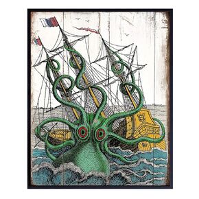 Kraken Octopus Wall Art Print – 8x10 Sign Picture - Vintage Shabby Chic Room Decoration - Nautical Home Decor for Lake, Sea, Ocean, Beach House – Cool Unique Gift, Unframed Rustic Poster