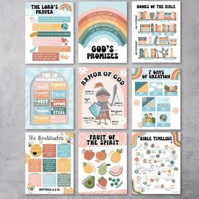 9 Retro Sunday School Decorations For Classroom - Sunday School Posters, Christian Posters, Christian Classroom Decor, Books Of The Bible Poster, 10 Commandments For Kids, Bible Timeline Chart