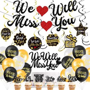 We Will Miss You Banner Cake Toppers Balloons Hanging Swirls, Retirement Party Decorations Banner, US1 Office Coworker Going Away Decorations, Goodbye Farewell Leaving Job Party Decorations
