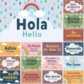 16 Pcs Spanish Posters Spanish Words and Phrases Posters Spanish English Classroom Decorations Set Spanish Bulletin Board Educational Study Materials for Teachers Kids Preschool Primary (Boho) in Saudi Arabia