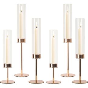 6Pcs Hurricane Candle Stick Holder Golden Color Glass Candleholder with Cylinder Chimney Modern Candle Holder Set Tabletop Centerpiece for Wedding Birthday Christmas Party Candlelight Dinner