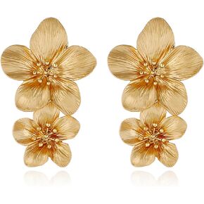 Gold Flower Earrings Double Flower Gold Statement Earrings for Women, Hypoallergenic Gold Floral Earrings Large Gold Earrings for Women Boho Jewelry Gift