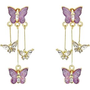 Purple Butterfly Tassel Earrings Long CZ Rhinestone Butterfly Dangle Earrings for Women Purple Wedding Prom Jewelry Gift