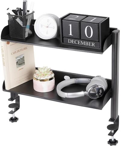 Clamp On Desk Organizer Shelf,17.32" Desk Extension Shelf,2-Tier Shelving Unit with Adjustable Metal Storage Tray,Desk Extender Side Table,for Desktop Accessories,Gaming Devices (Black) in Saudi Arabia