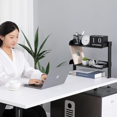 Clamp On Desk Organizer Shelf,17.32" Desk Extension Shelf,2-Tier Shelving Unit with Adjustable Metal Storage Tray,Desk Extender Side Table,for Desktop Accessories,Gaming Devices (Black) in Saudi Arabia