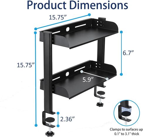 Clamp On Desk Organizer Shelf,17.32" Desk Extension Shelf,2-Tier Shelving Unit with Adjustable Metal Storage Tray,Desk Extender Side Table,for Desktop Accessories,Gaming Devices (Black) in Saudi Arabia