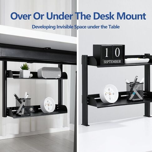 Clamp On Desk Organizer Shelf,17.32" Desk Extension Shelf,2-Tier Shelving Unit with Adjustable Metal Storage Tray,Desk Extender Side Table,for Desktop Accessories,Gaming Devices (Black) in Saudi Arabia